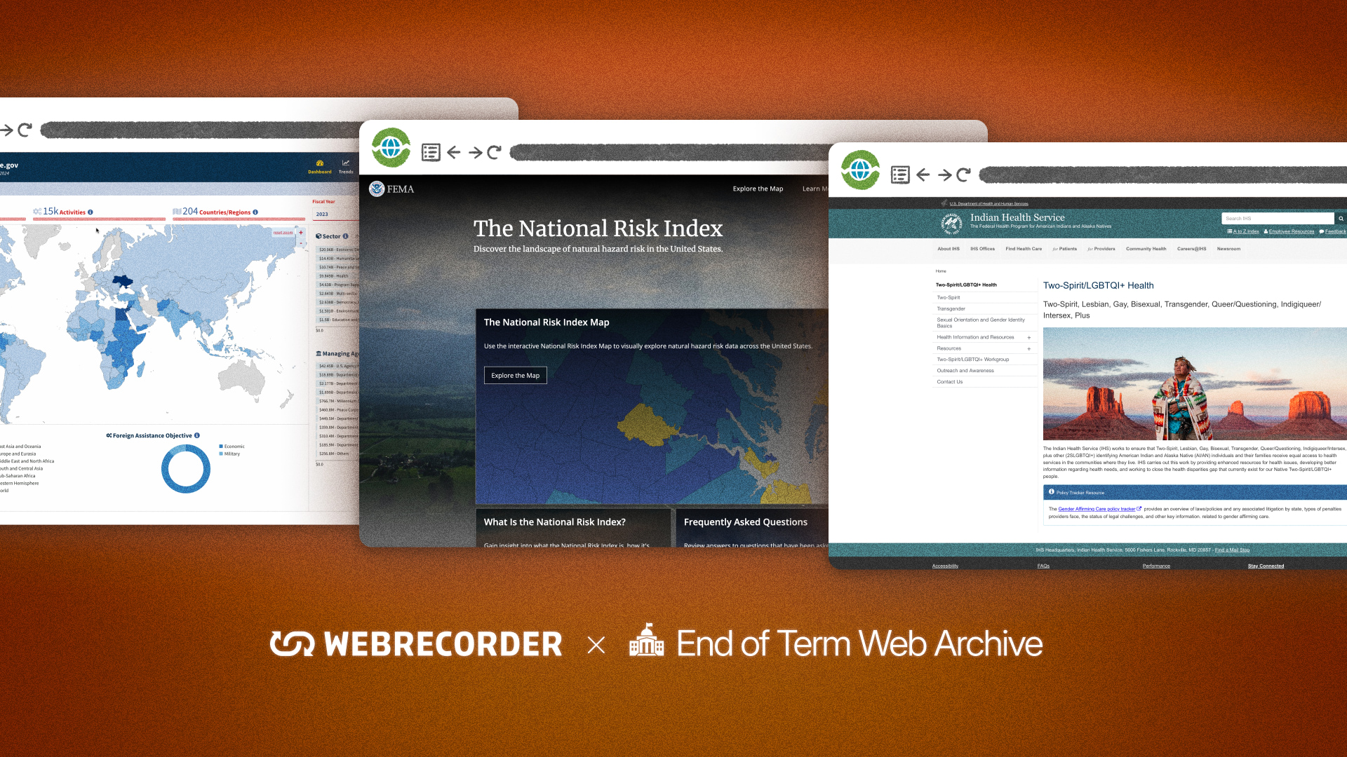 An illustration showing several now-deleted US Government websites, with the Webrecorder and End of Term Web Archive logos below
