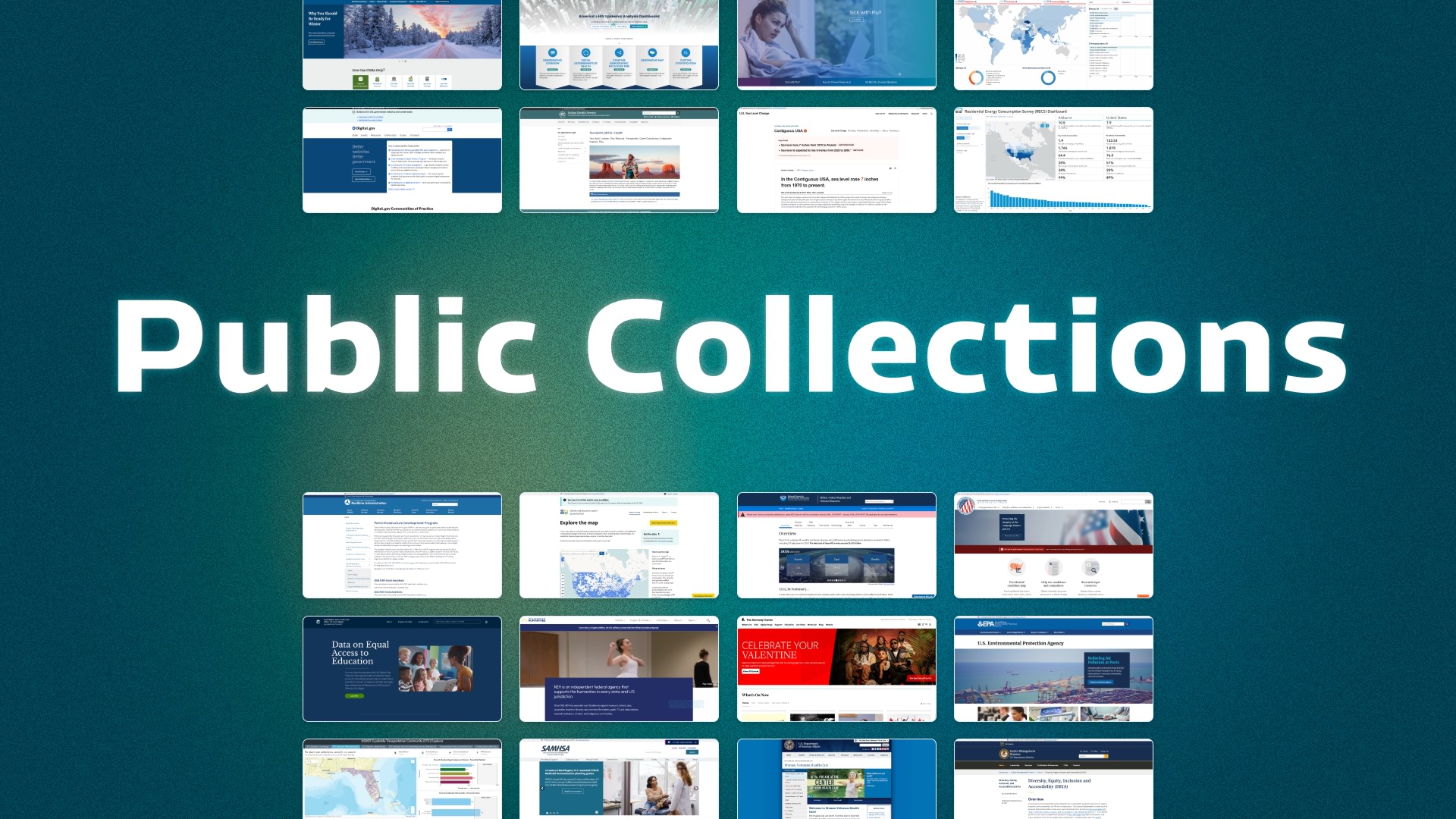 The words “Public Collections” sandwiched between a grid of website thumbnails on a glowing dark blue background