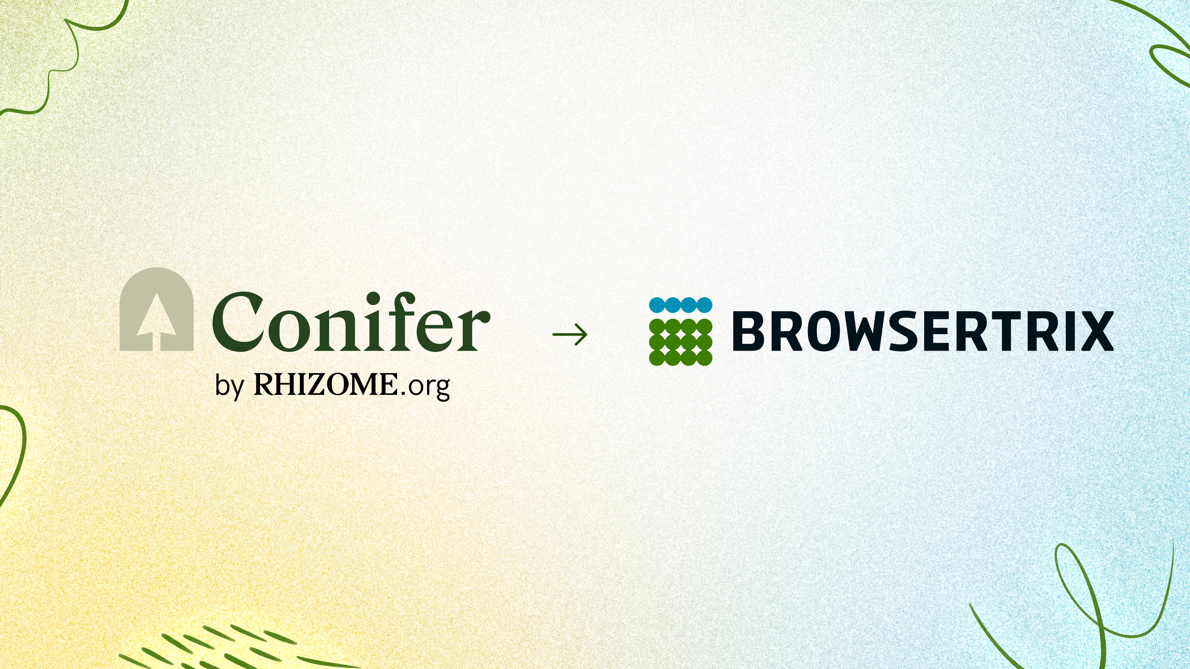 The Conifer logo with an arrow pointing to the Browsertrix logo