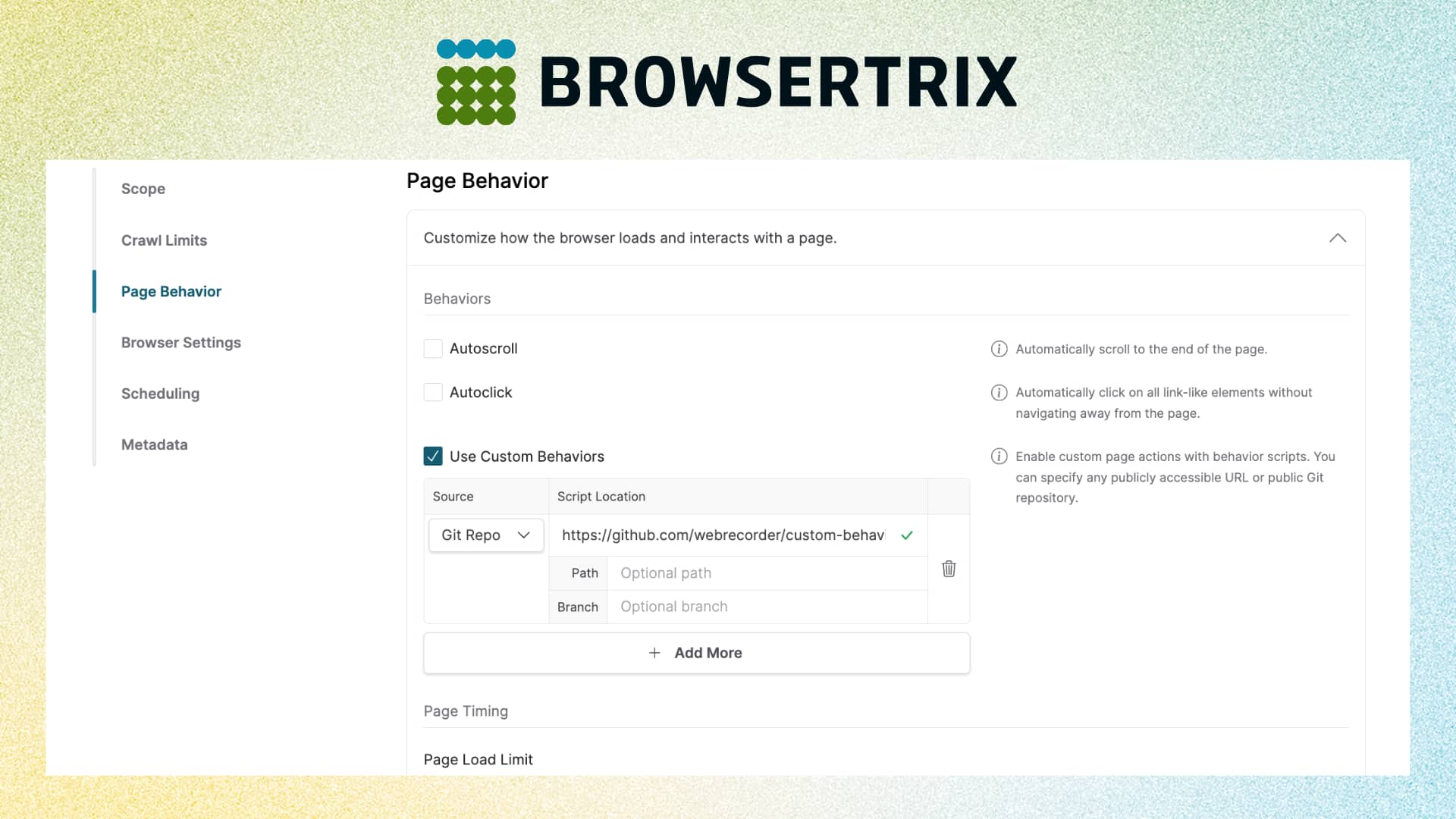 Screenshot of the Page Behavior crawl workflow section in Browsertrix