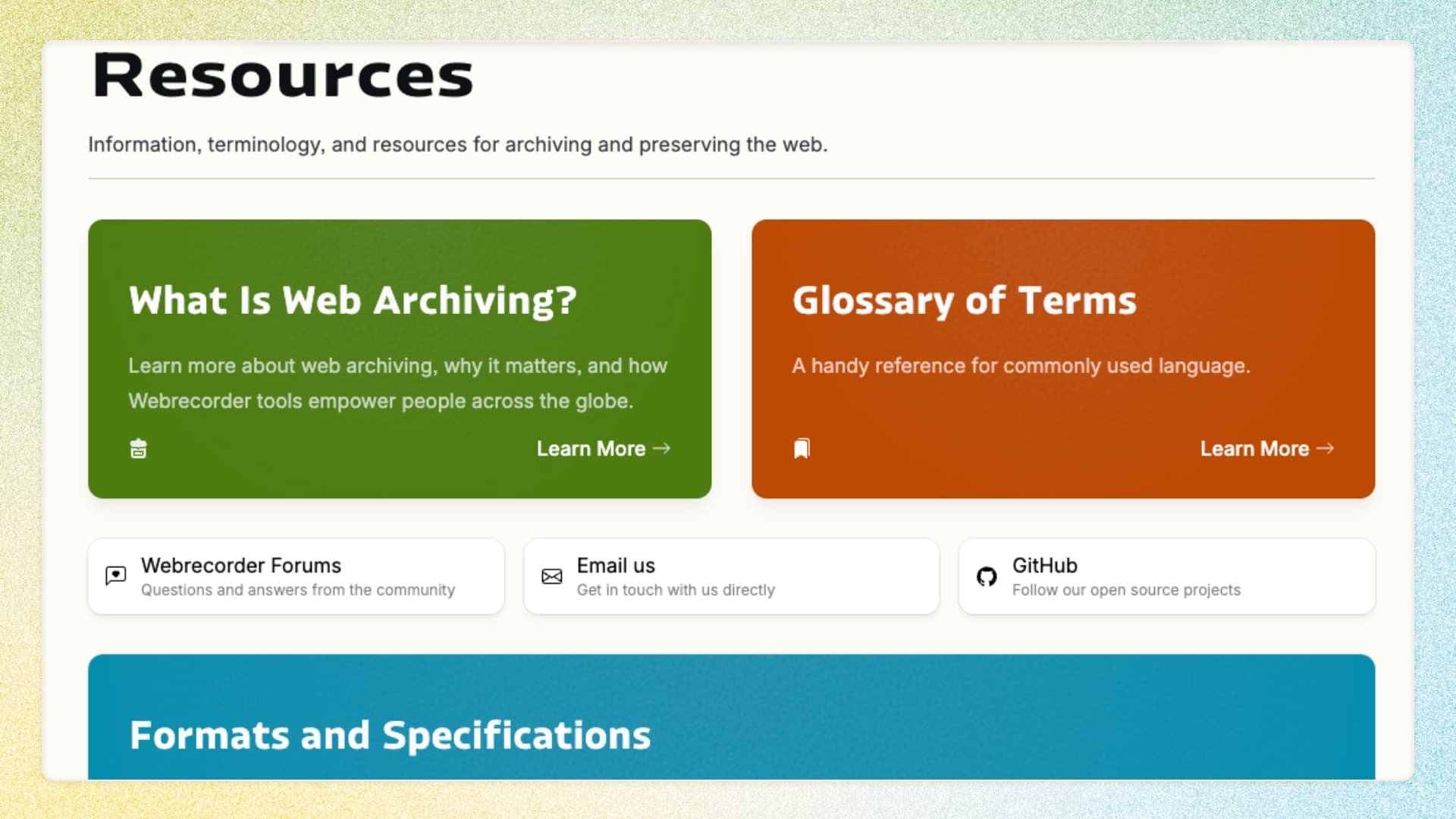A screenshot of a section of the Resources page on Webrecorder’s site
