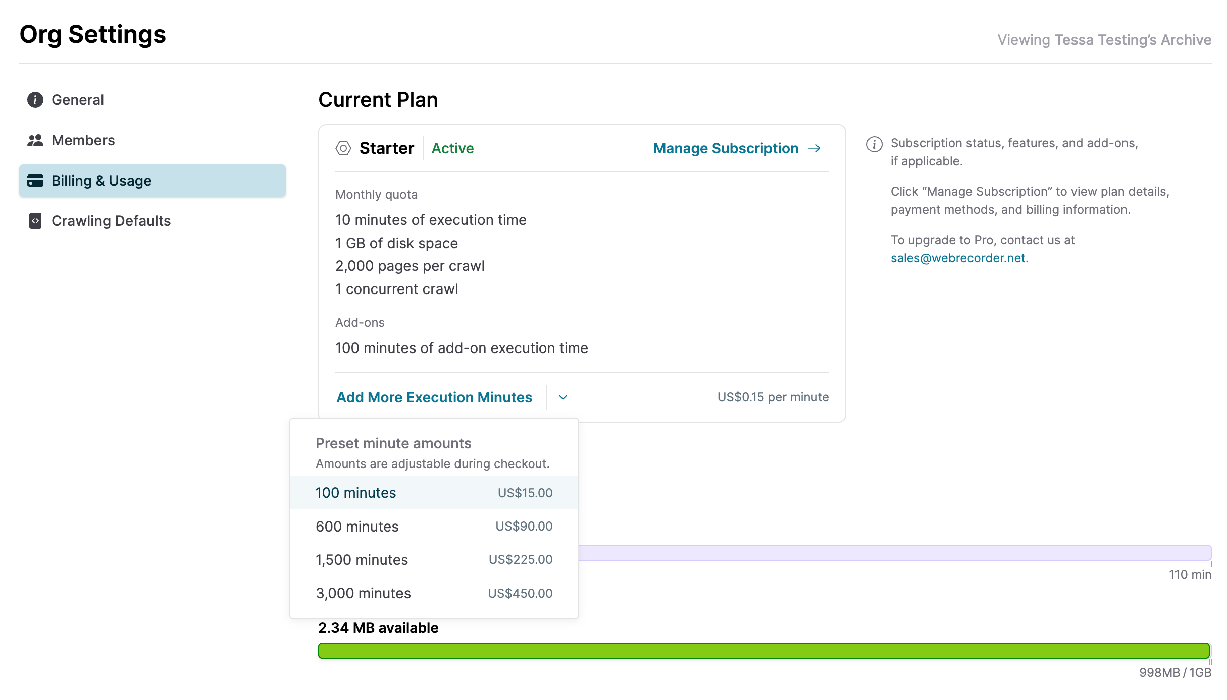 A screenshot of the Usage & Billing page, showing the dropdown to purchase various amounts of additional execution minutes