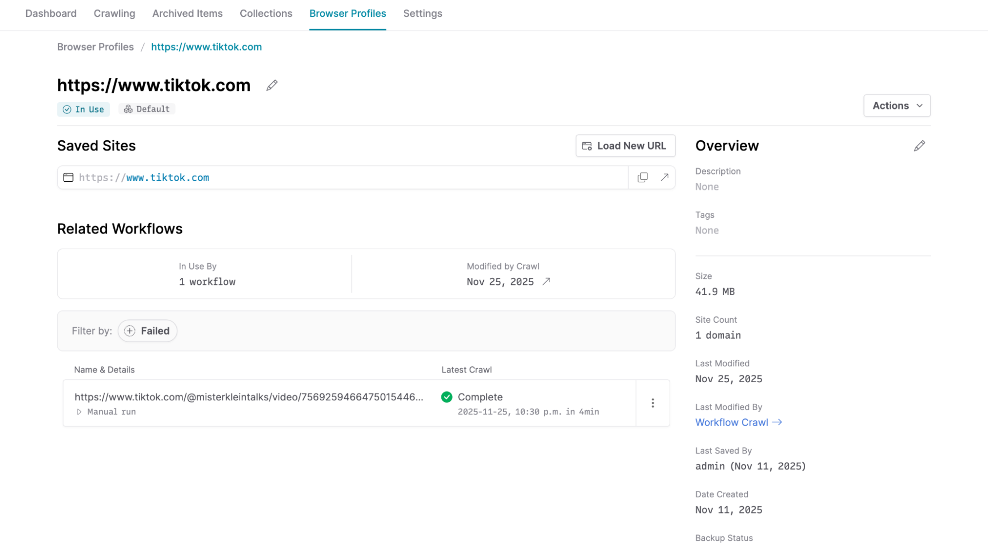 A screenshot of a browser profile detail page, showing its name, saved sites, related workflows, and various actions