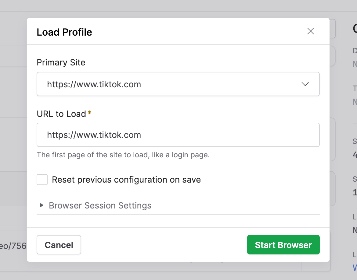 A screenshot of the Load Profile modal dialog with a primary site and URL to load entered