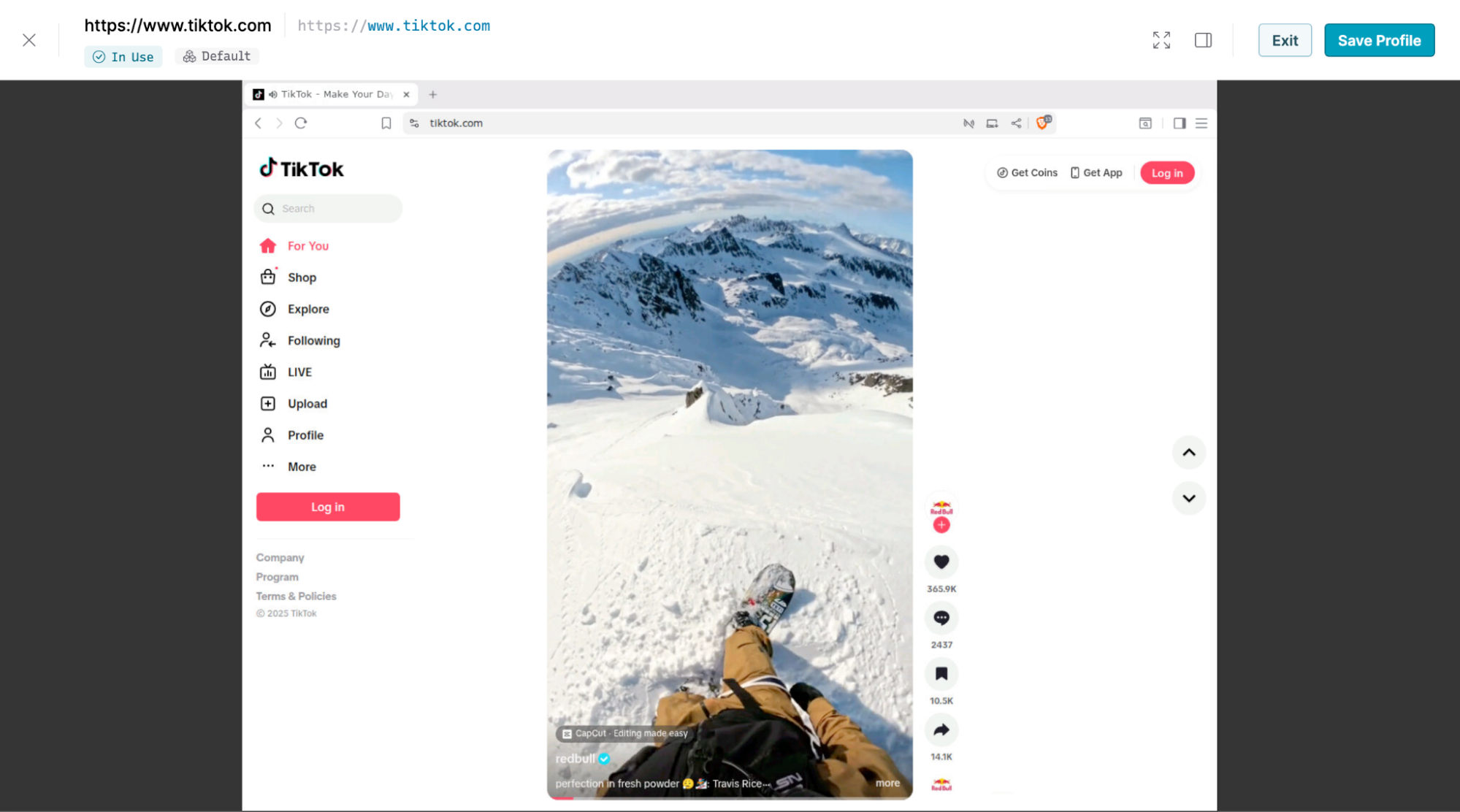 A full-screen modal showing TikTok open in an embedded browser window, with various profile actions on a toolbar above