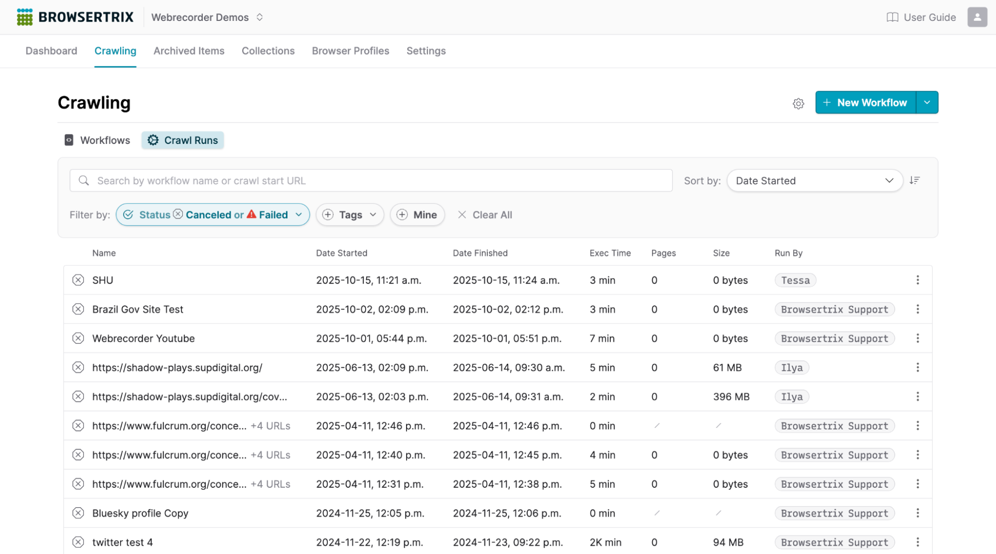 The new Crawl Runs tab on the Crawling page, showing various crawl runs. A filter is set to show only canceled and failed crawl runs.