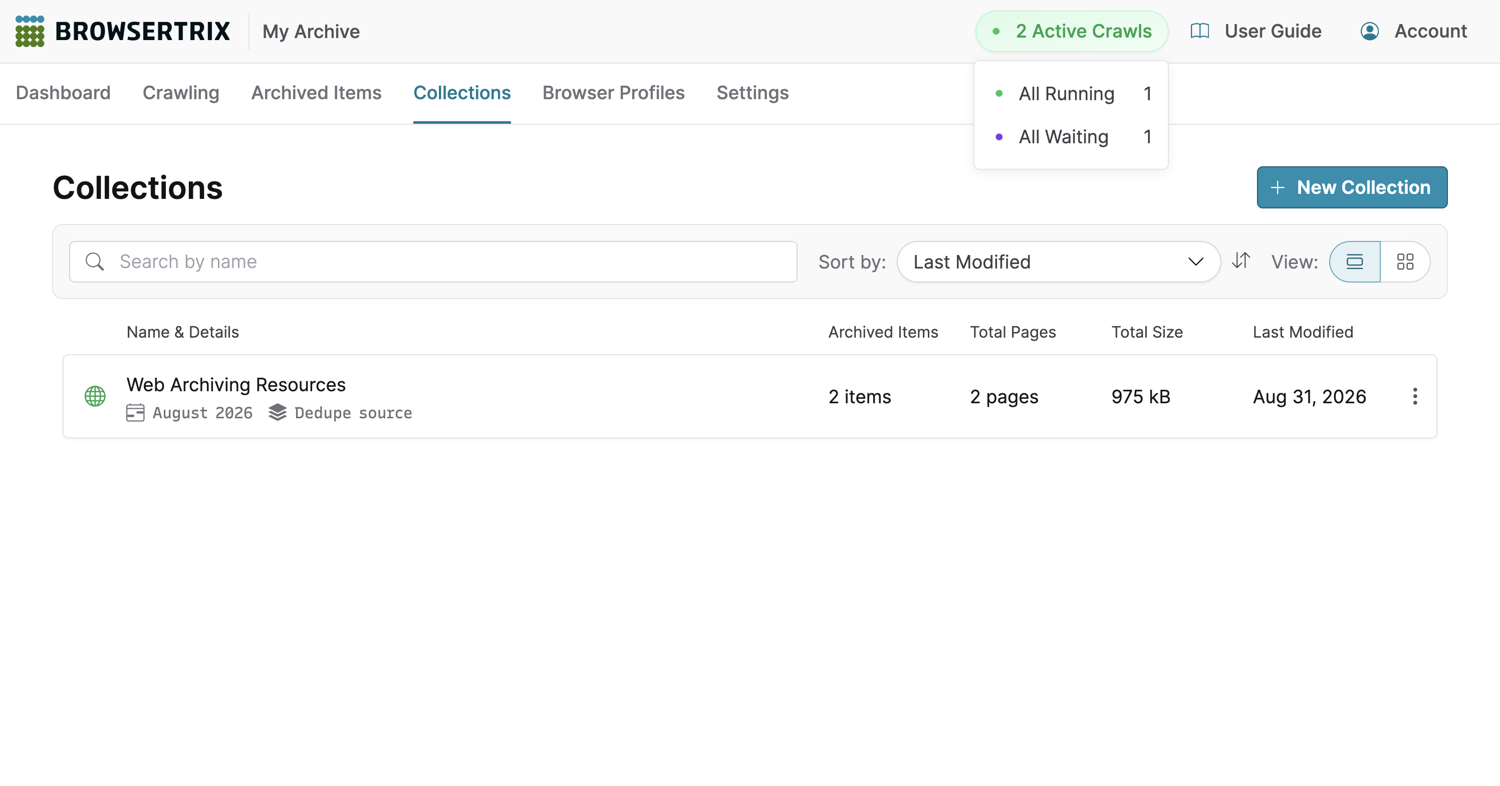 The active crawls indicator is opened at the top of the Browsertrix collections page to reveal a breakdown of active statuses