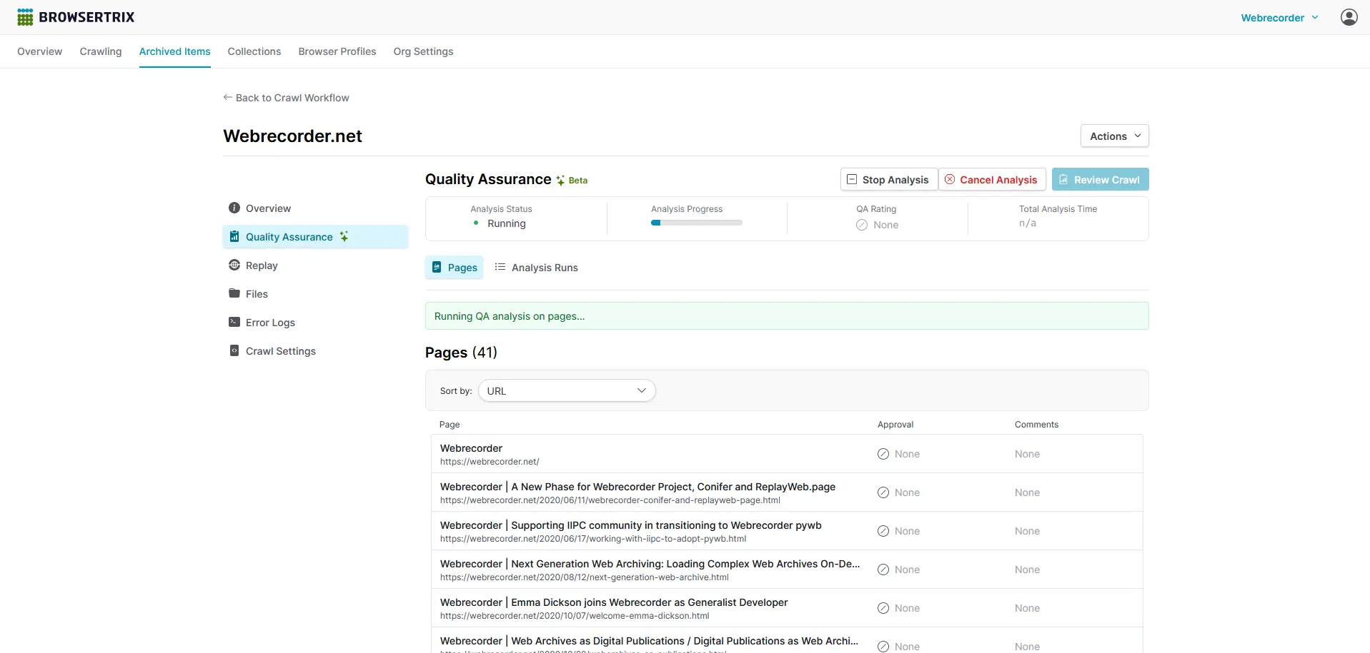 A screenshot of Browsertrix' Quality Assurance tab with an analysis run in progress