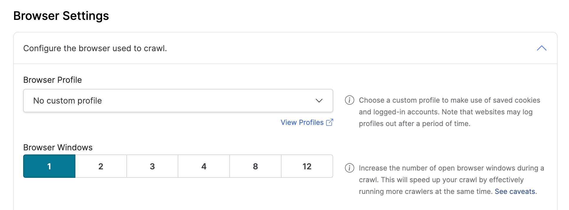 A screenshot of the browser settings panel in the crawl workflow settings page in Browsertrix, showing the number of browser windows to use with options ranging from 1 to 12