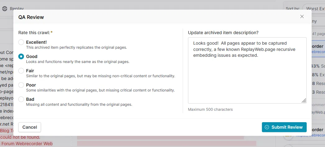 A screenshot of Browsertrix&#x27; finish review dialog with a 5 point scale ranging from Excellent to Bad and an option to update the archived item&#x27;s description