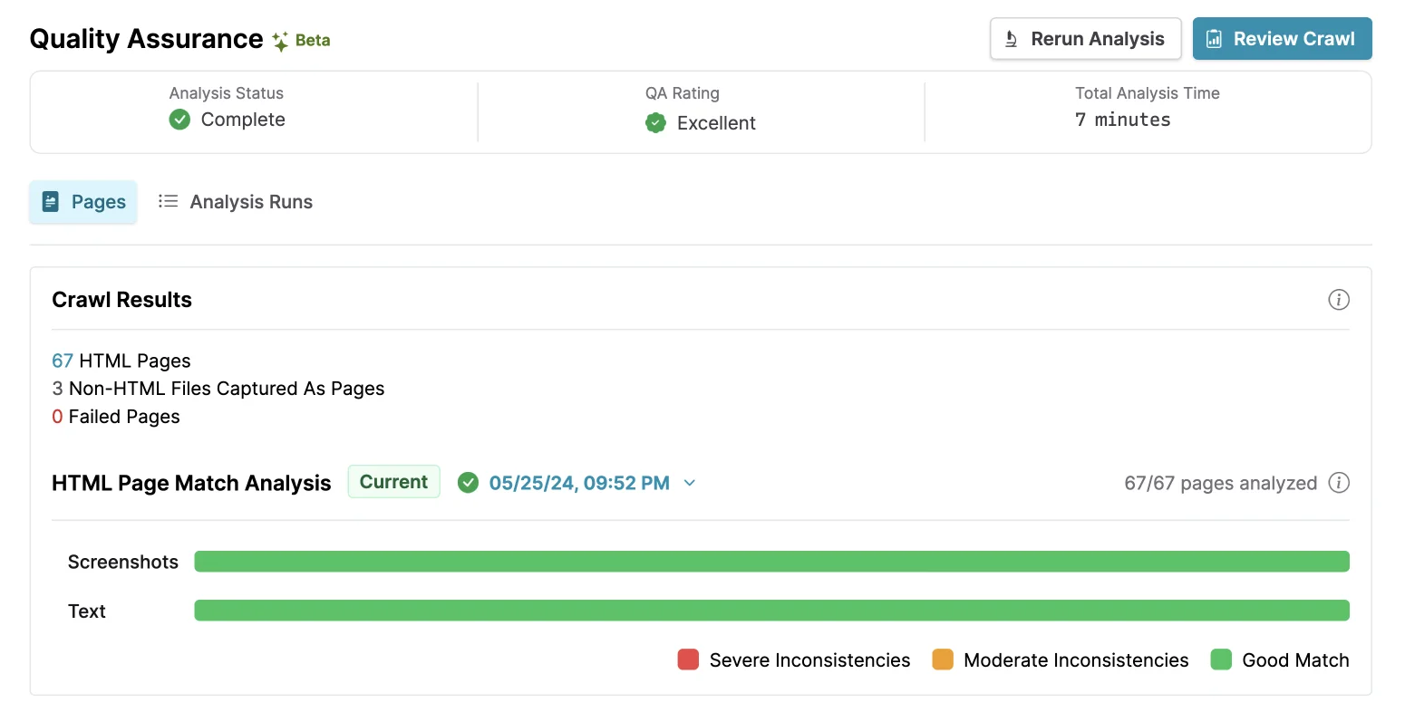 A screenshot of Browsertrix&#x27;s updated page match analysis graph