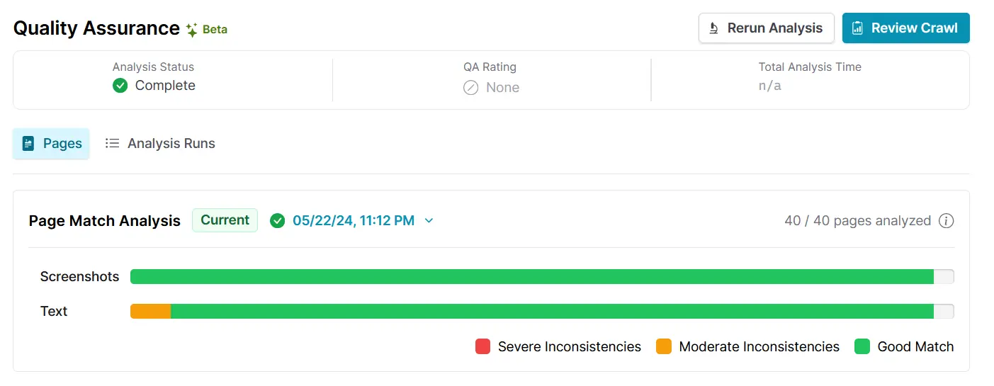 A screenshot of Browsertrix&#x27; page match analysis, almost everything is a good match but text matching has a few pages that should be assessed further.