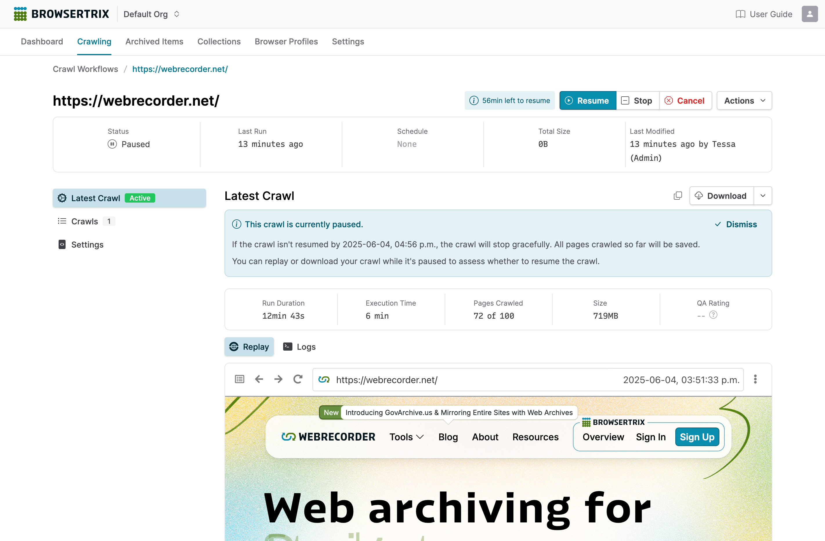 A screenshot of a paused crawl in Browsertrix, showing details about the crawl status, options to resume or cancel the crawl, and a replay viewer