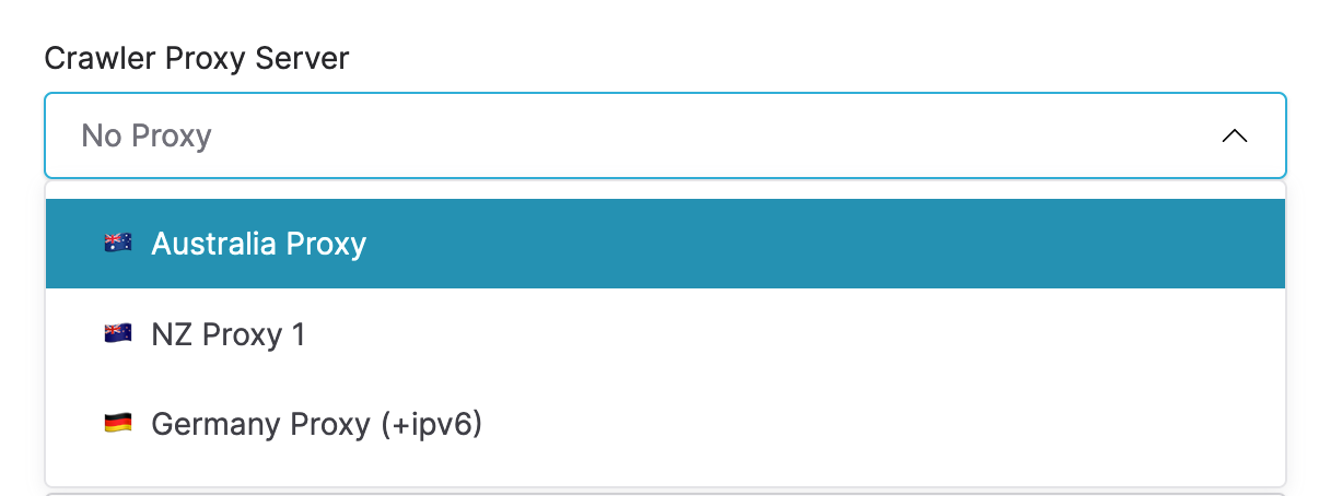 A screenshot of the crawler proxy server dropdown menu in the Browsertrix crawl workflow editor