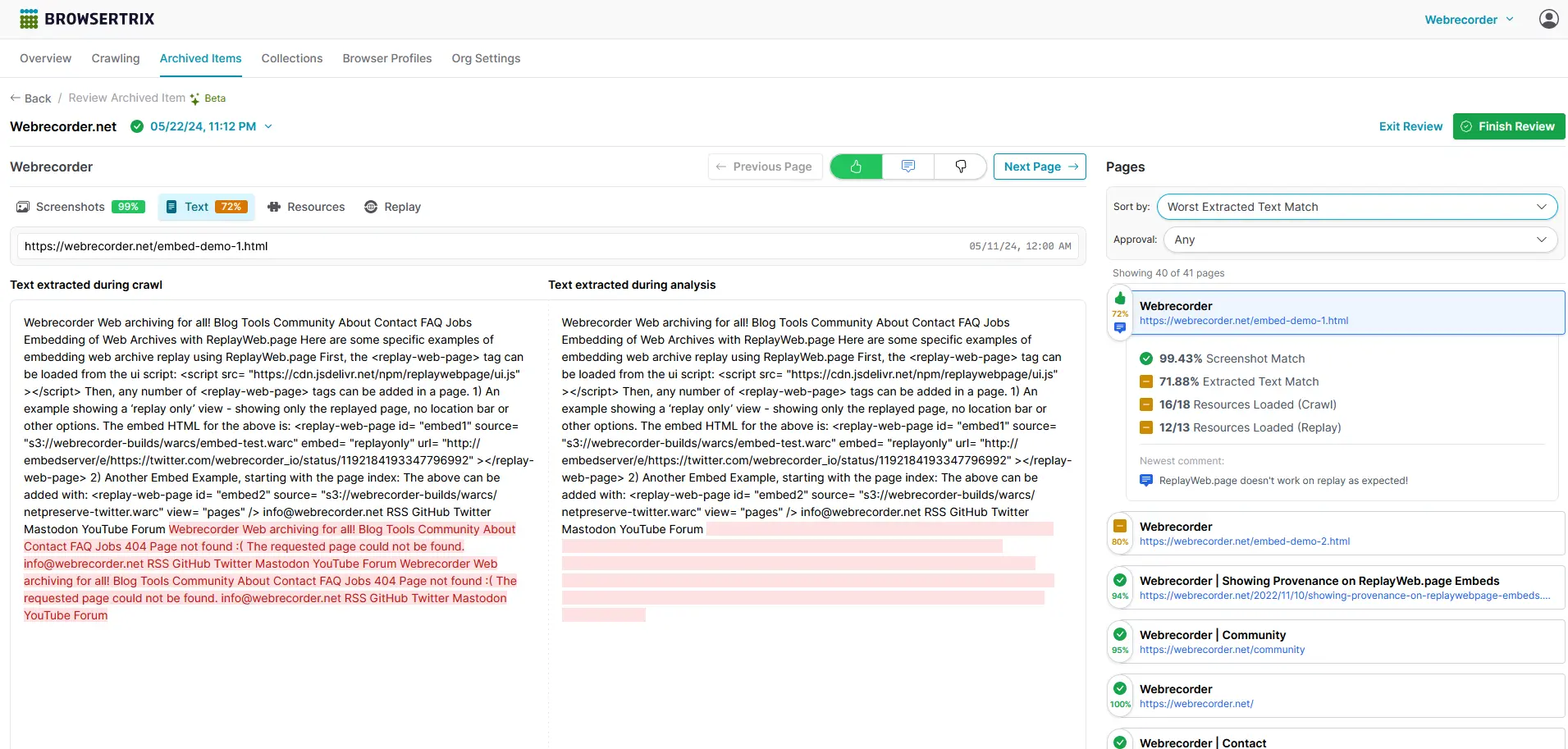 A screenshot of Browsertrix&#x27; crawl review interface looking at text comparison. Some text appears to be missing on replay.