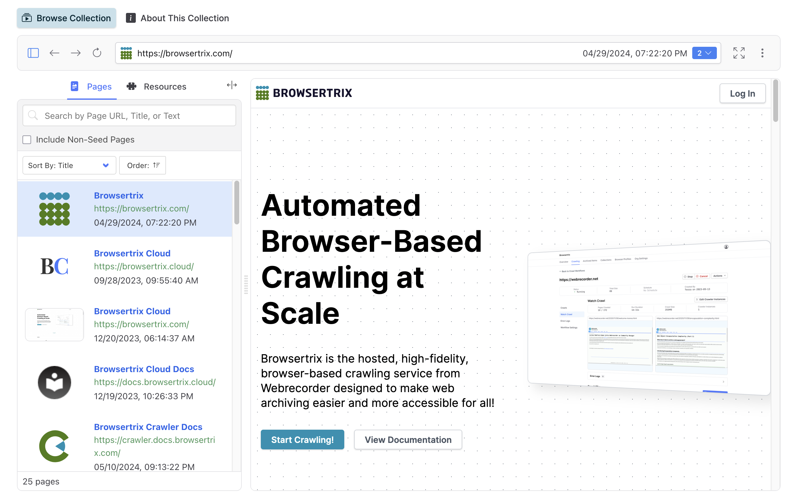 Browsing an archive of browsertrix.com in a public Browsertrix collection