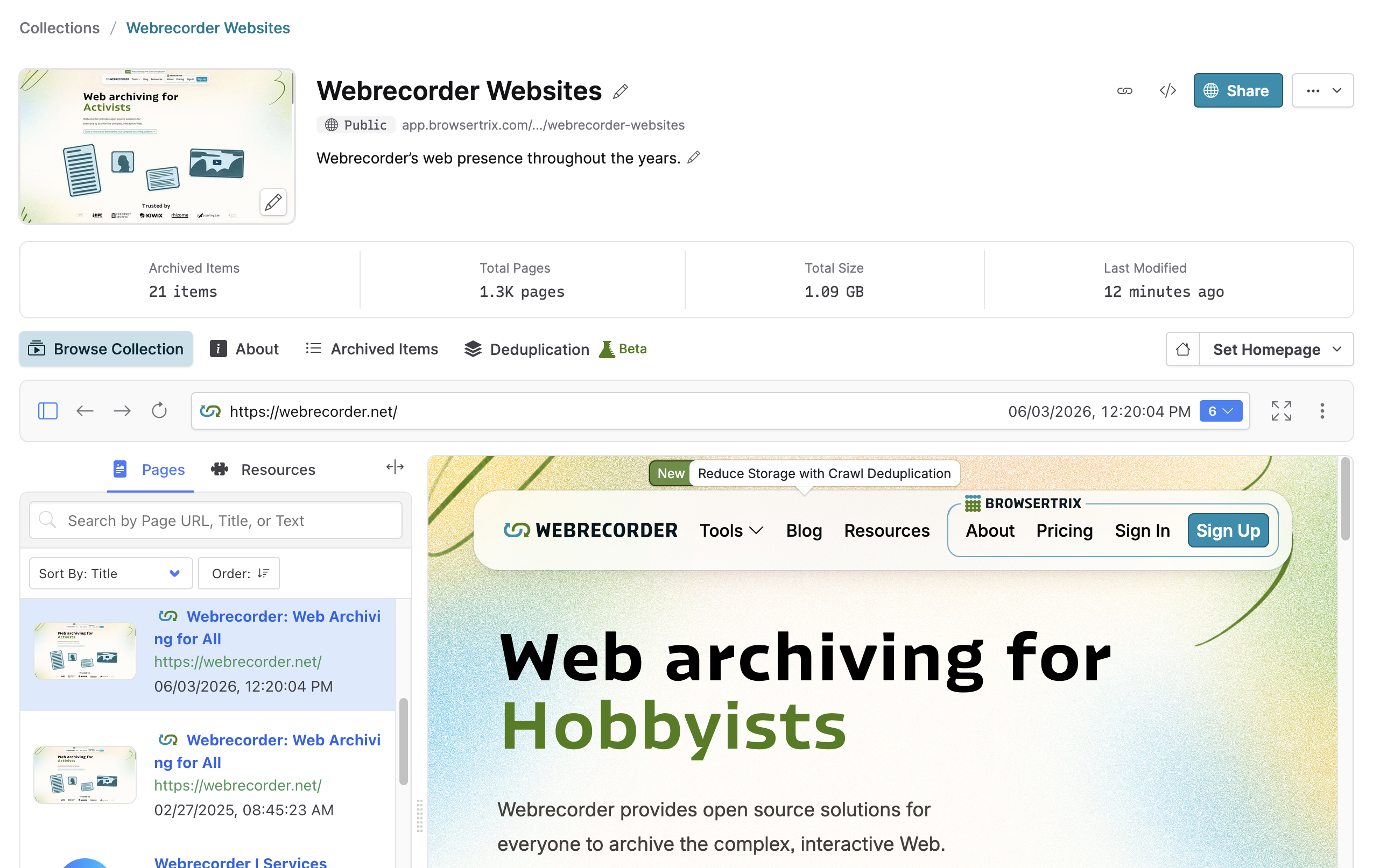 Browsertrix collection management page