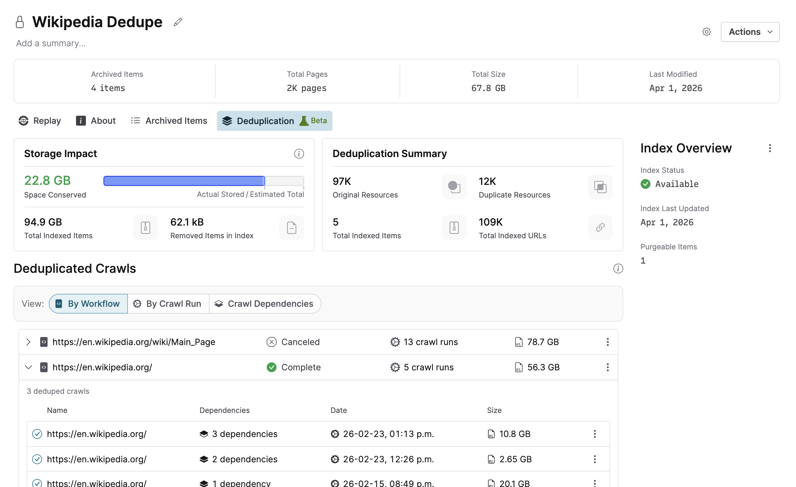 A screenshot of a collection detail page, showing the deduplication tab with a section for storage impact, a summary of deduplication metrics, and a tree of deduplicated crawls, among other things