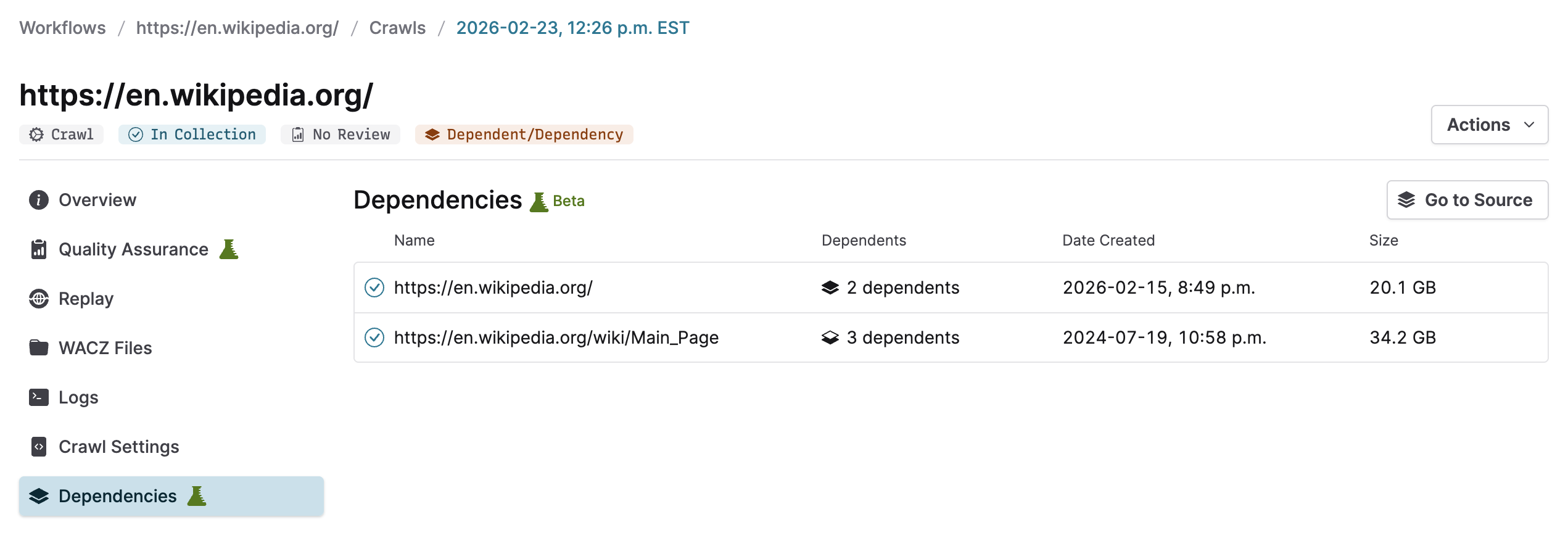 A screenshot of the Crawl Dependencies tab on an archived item detail page, displaying a couple dependencies for the crawl.