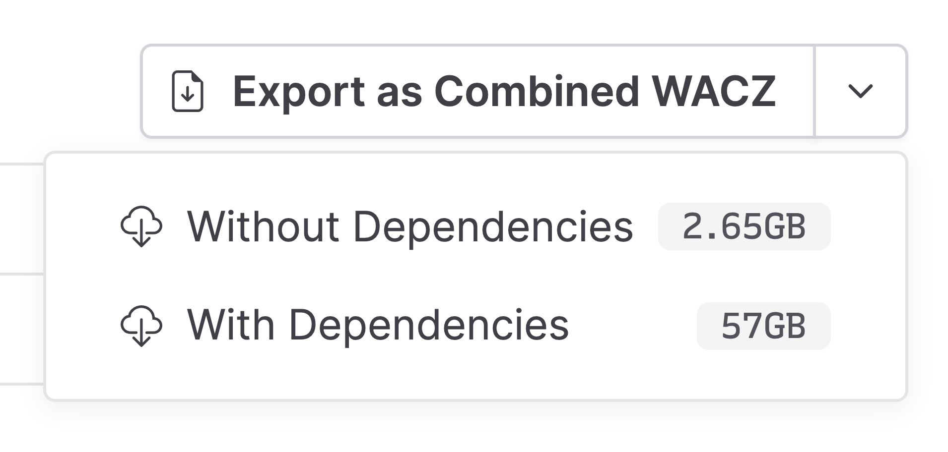 A screenshot of the WACZ Files tab on an archived item detail page, showing options to download a crawl with and without dependencies.