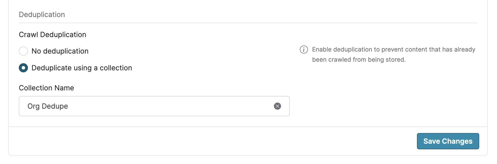 A screenshot of the org Crawling Defaults page, specifically showing the deduplication options with a collection called "Org Dedupe" selected.