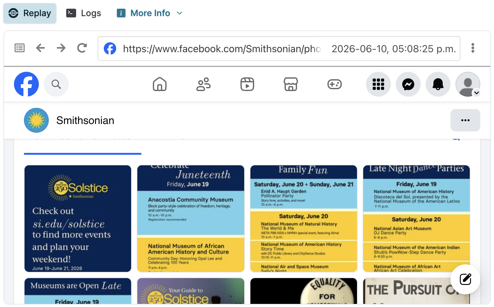 Screenshot of the Browsertrix replay user interface depicting the Facebook photo grid showing a large number of photos.