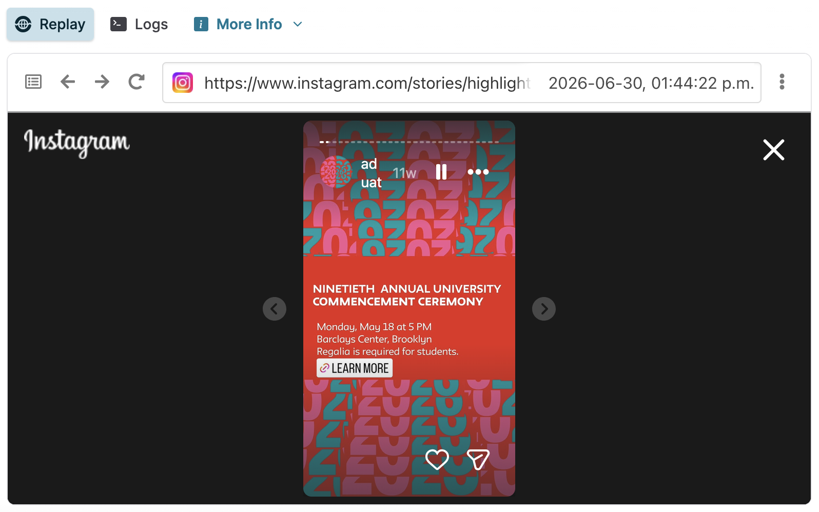 Screenshot of the Browsertrix replay user interface depicting an Instagram story.