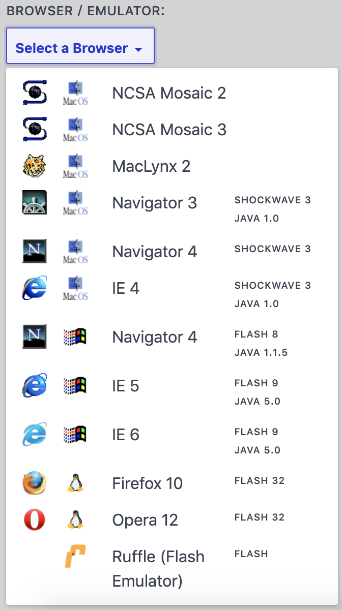 A screenshot of OldWeb.Today&#x27;s browser selection options including Netscape Navigator, Internet Explorer, Mosaic, and others