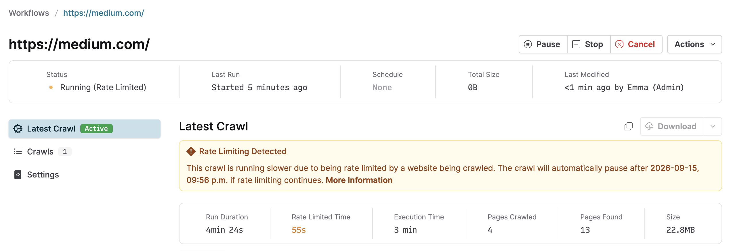 Browsertrix crawl of medium.com being rate-limited