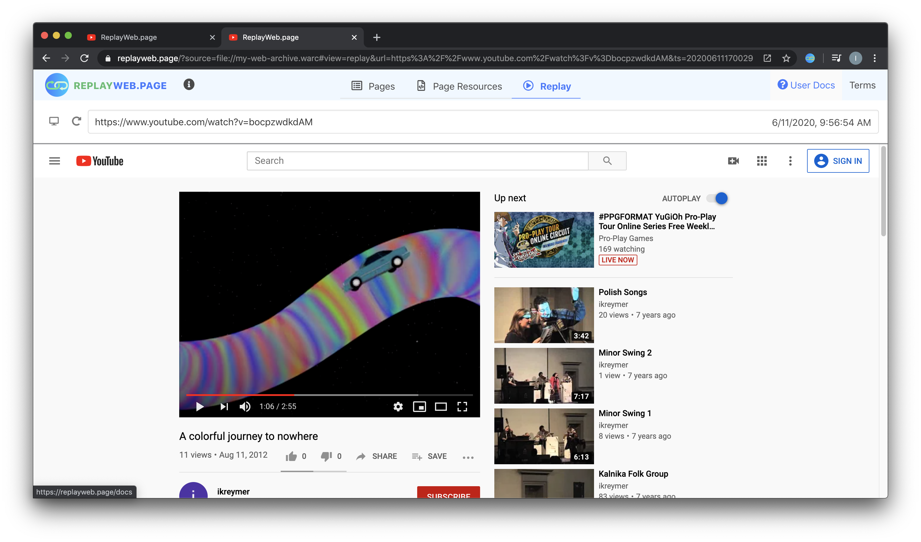 Screenshot of ReplayWeb.page displaying an archived YouTube video