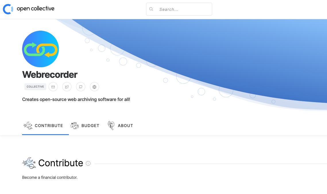 A screenshot of Webrecorder&#x27;s Open Collective page