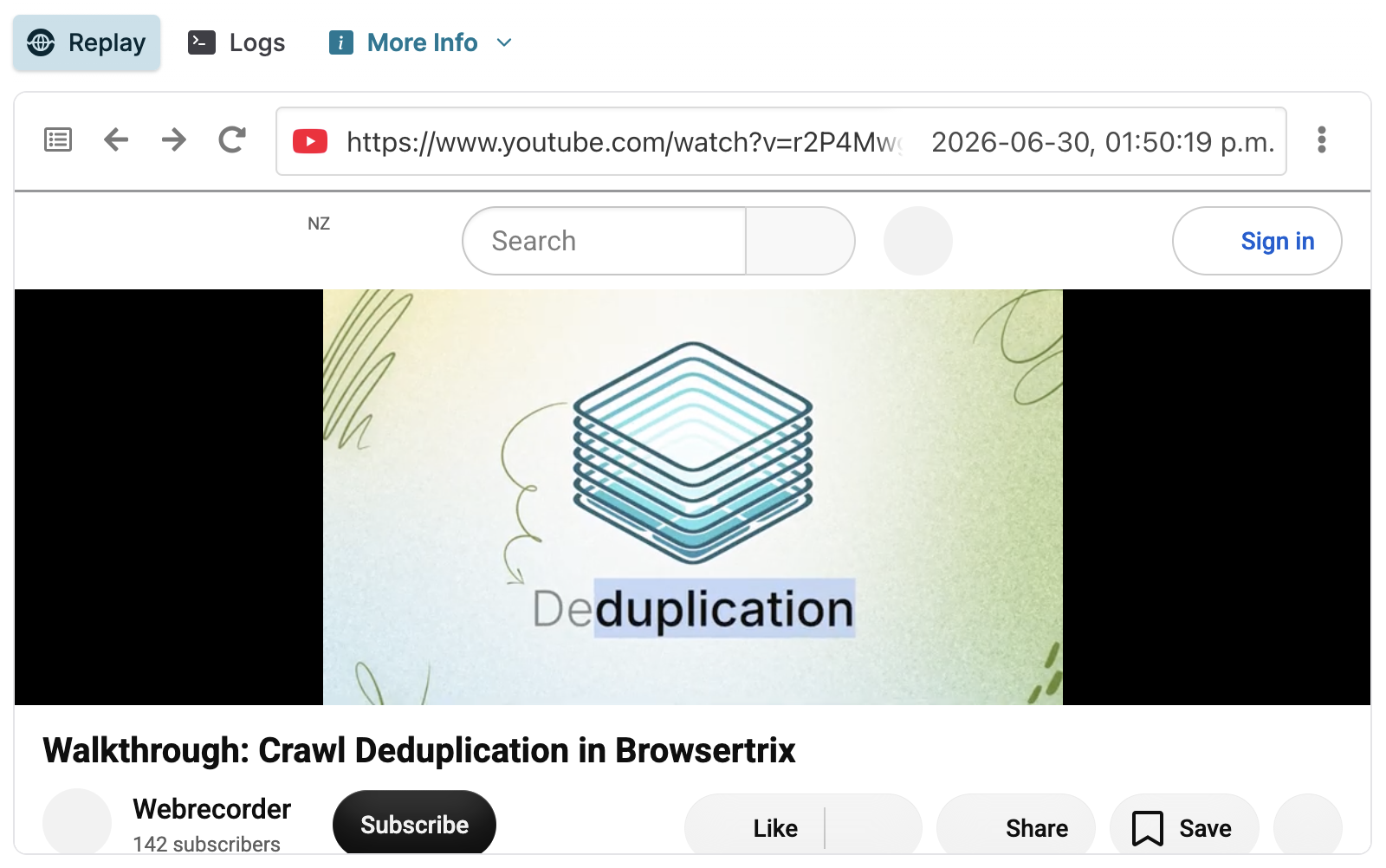 Screenshot of the Browsertrix replay user interface depicting YouTube playing a video about Browsertrix.