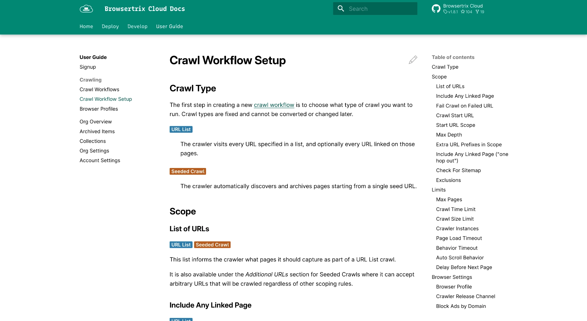 A screenshot of the Browsertrix workflow settings documentation, a long article that lists every setting available to users