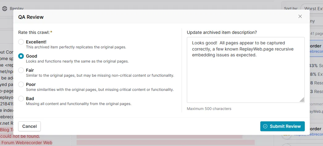 A screenshot of Browsertrix' finish review dialog with a 5 point scale ranging from Excellent to Bad and an option to update the archived item's description