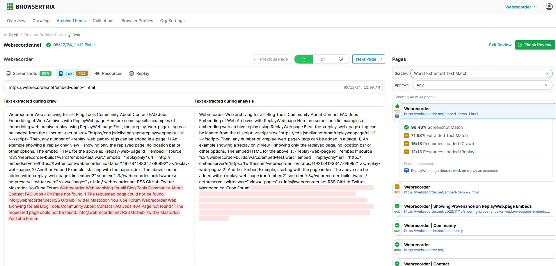 A screenshot of Browsertrix' crawl review interface looking at text comparison. Some text appears to be missing on replay.