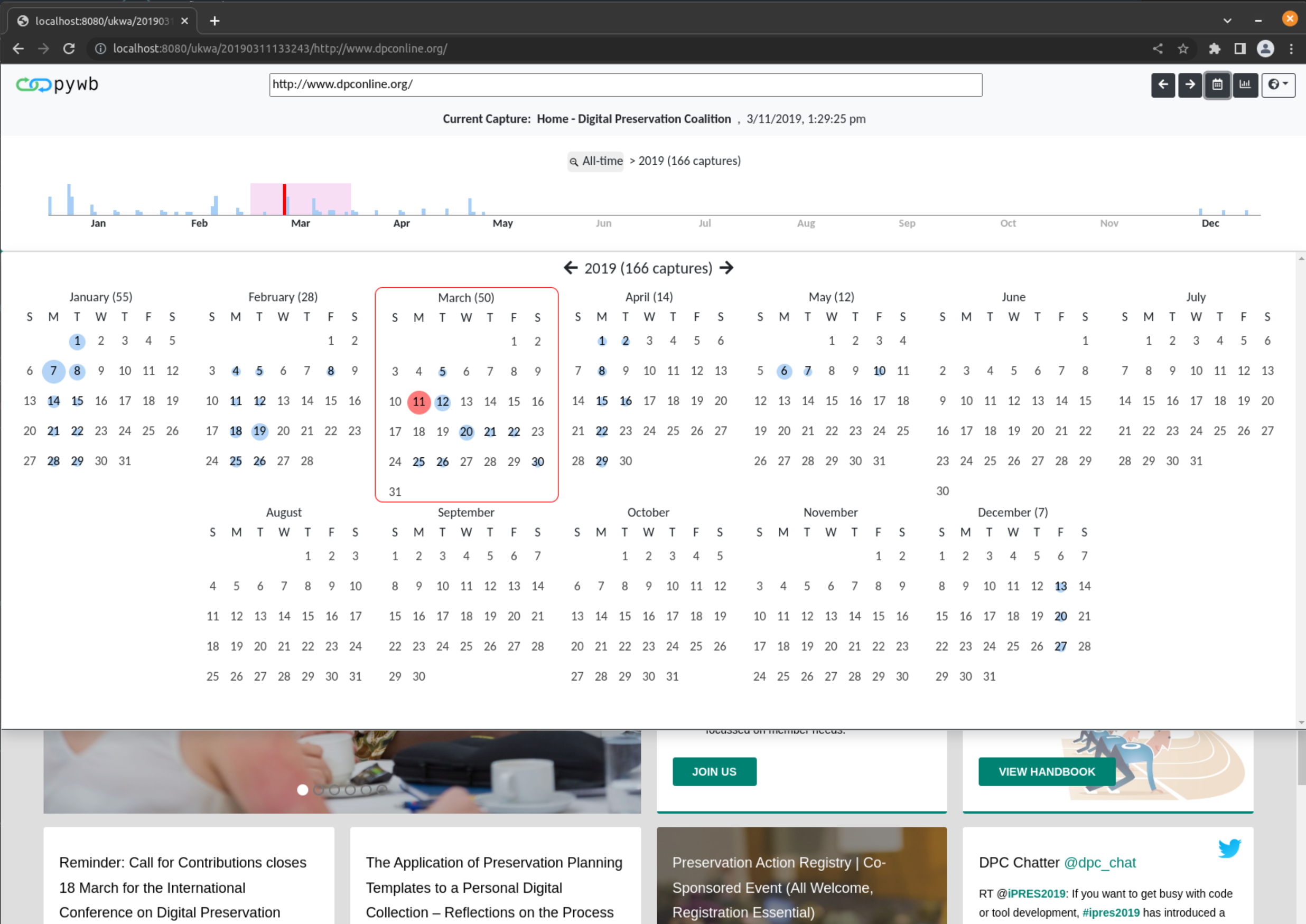 Screenshot of pywb 2.7 banner seen over a capture of dpconline.org with the timeline and calendar visible
