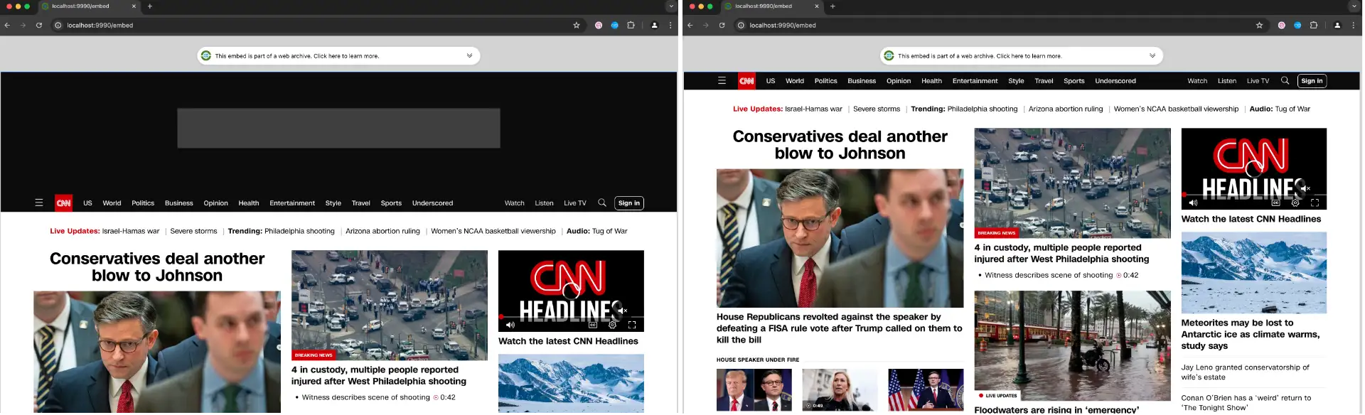 A screenshot of ReplayWeb.page with adblock disabled VS enabled. The disabled version has a large black box with nothing in it — an advertisement that failed to replay properly.